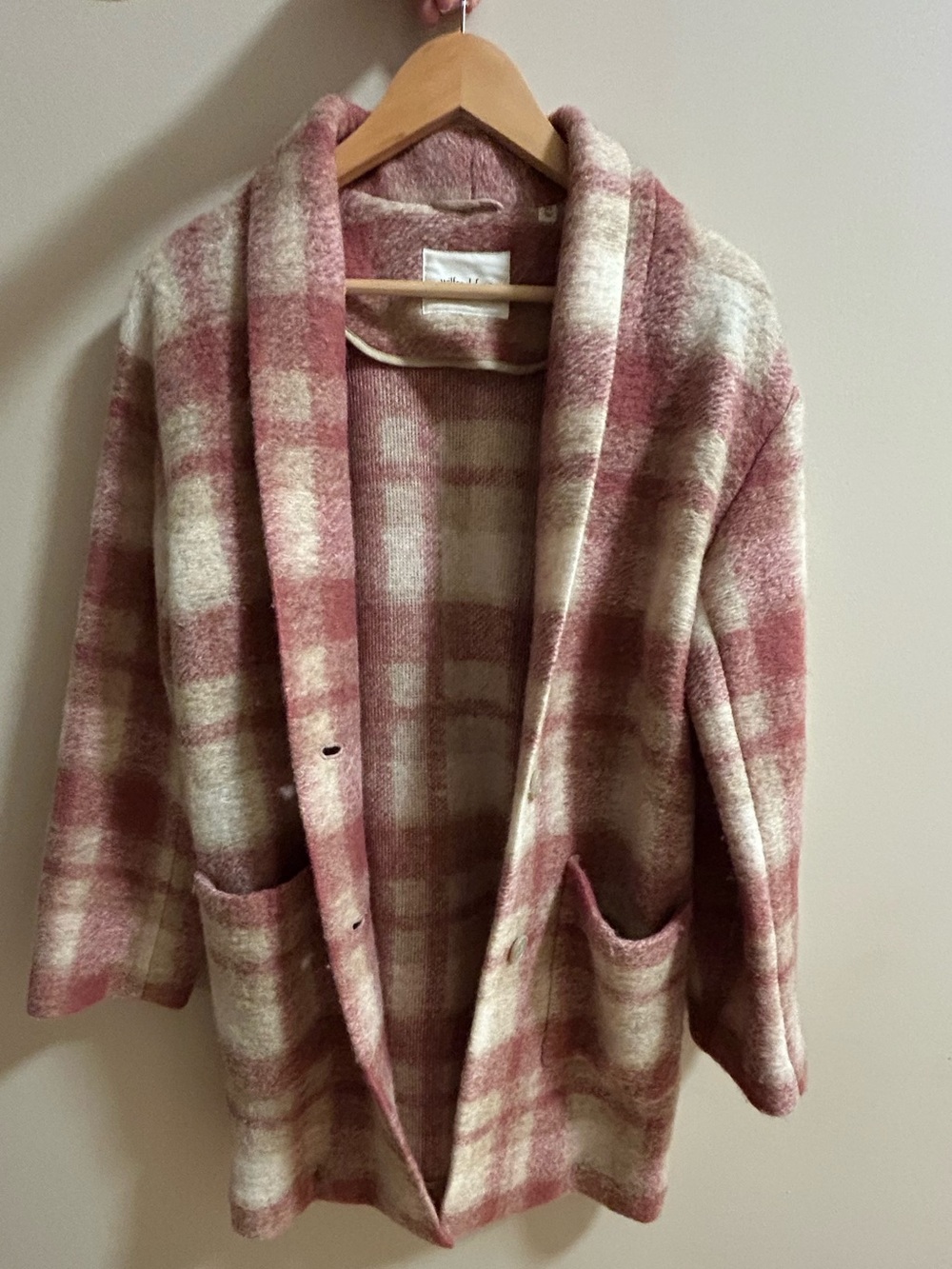 Wilfred Pink and Cream Plaid Open-Front Cardigan